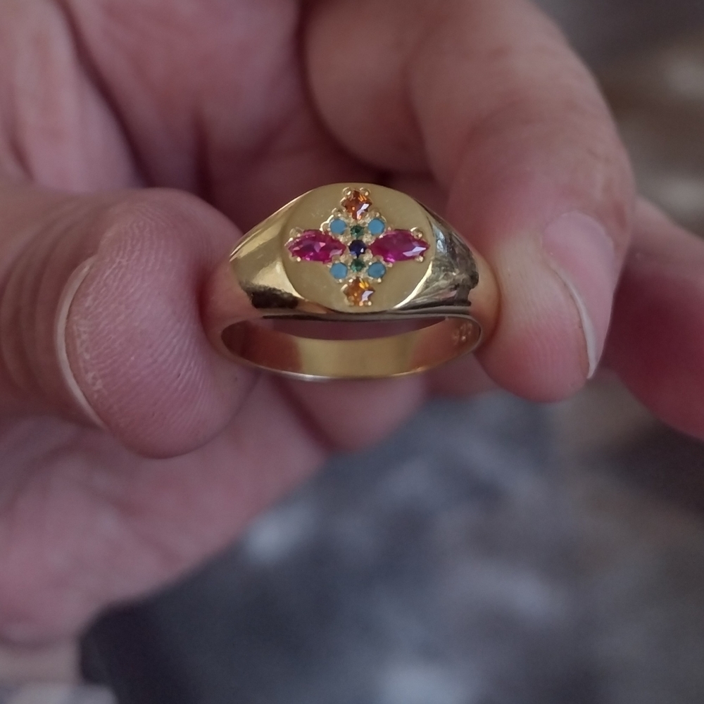 Genuine Multi-Gemstone Encrusted/18K Gold Signet Ring